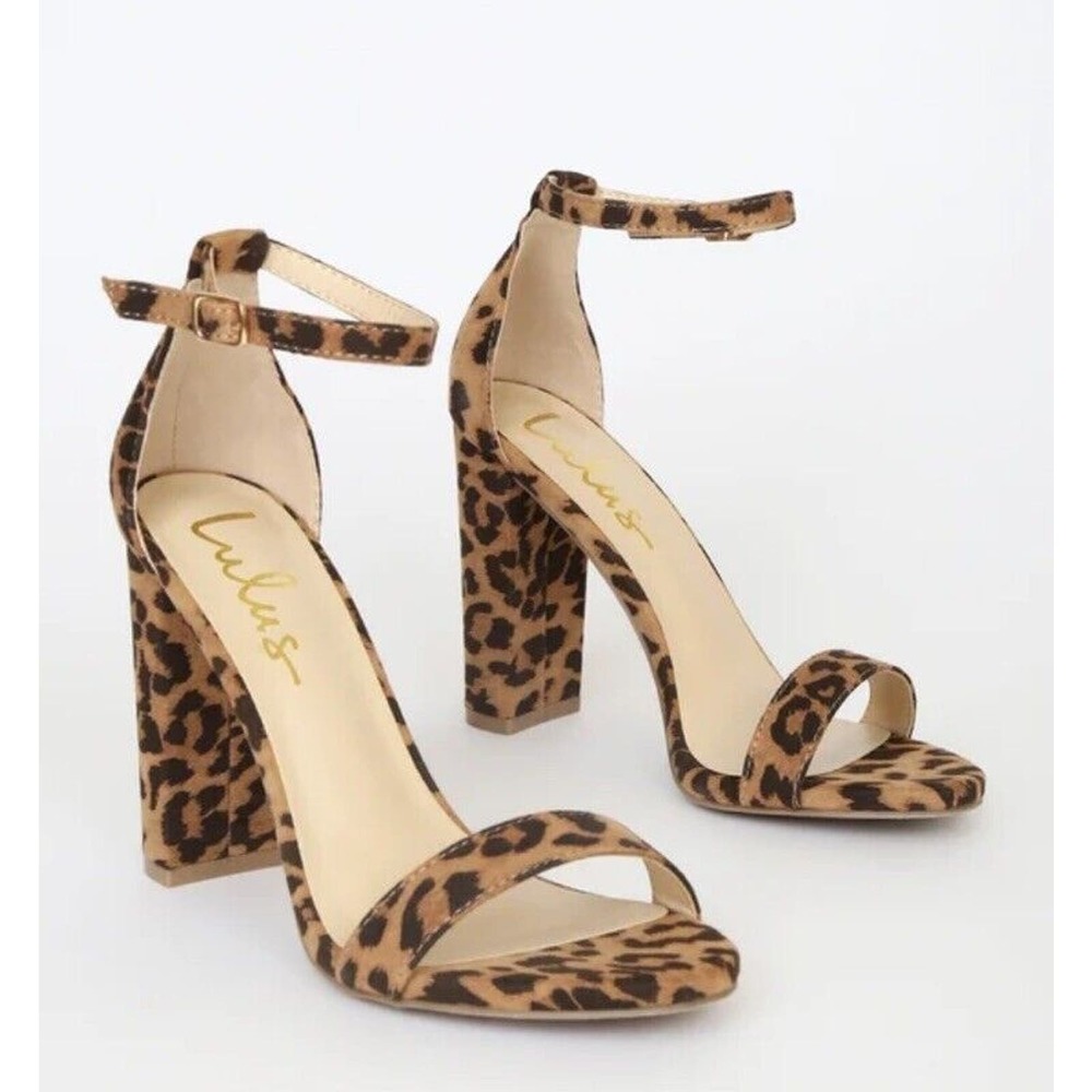 New Lulus Taylor Brown Leopard‎ Cheetah Print Suede Ankle Strap Block Heels Sz 7